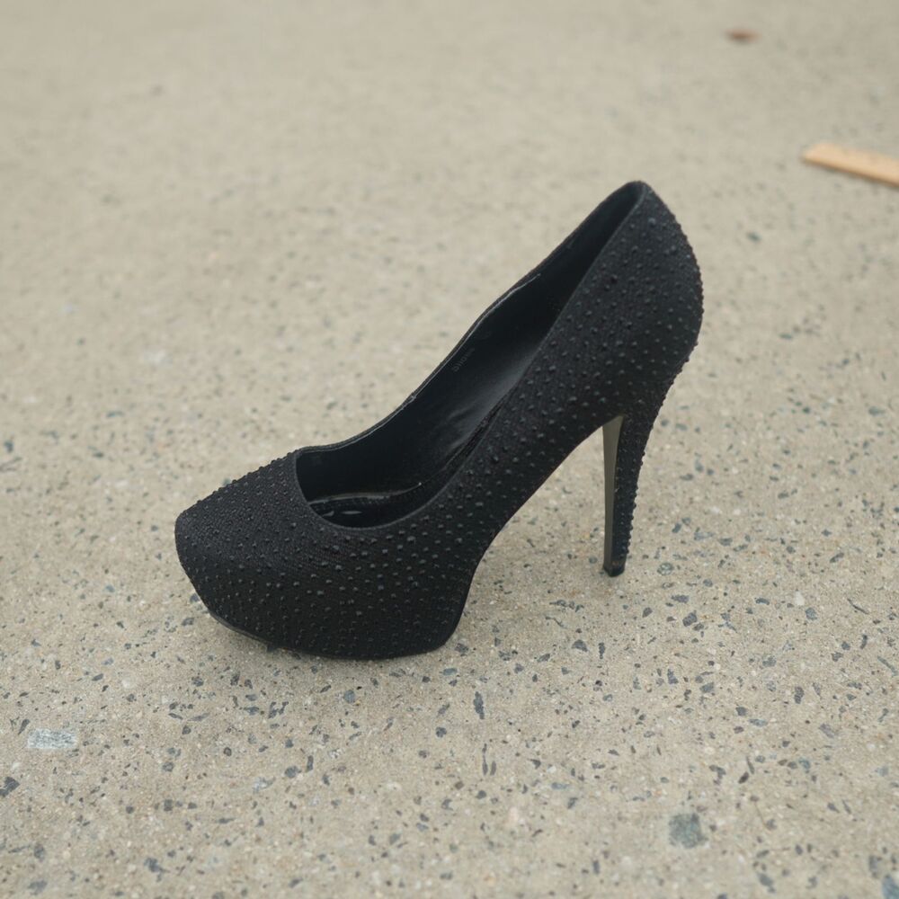 Womens Black Rhinestone Platform Pump Size 10 UK 8 EU 41 Sparkly Stiletto Single